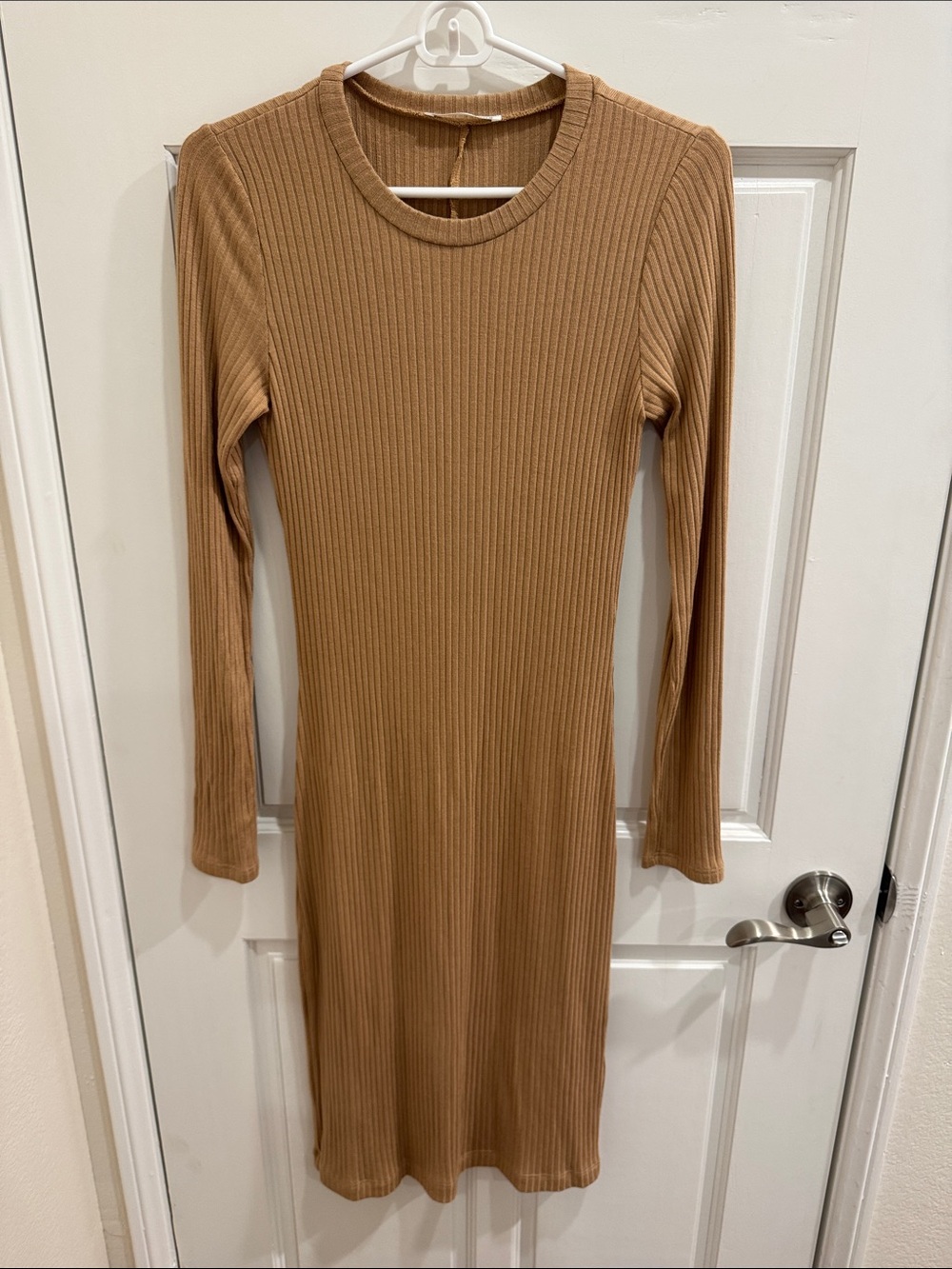 Reformation Rib Knit Long Sleeve Bodycon Dress - Camel